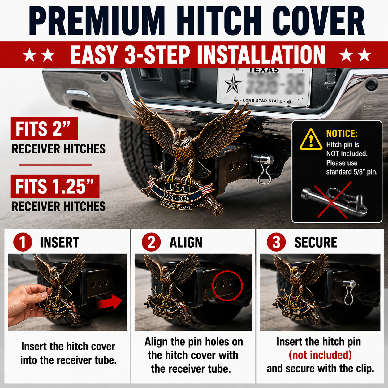 Patriot Eagle Trailer Hitch Cover——Fits 2‘’/ 1.25‘’ Receiver